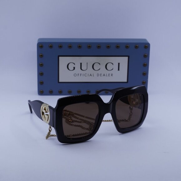 Gucci GG1022S 005 Square Sunglasses - Black/Brown with Gold Chain - Picture 4 of 11